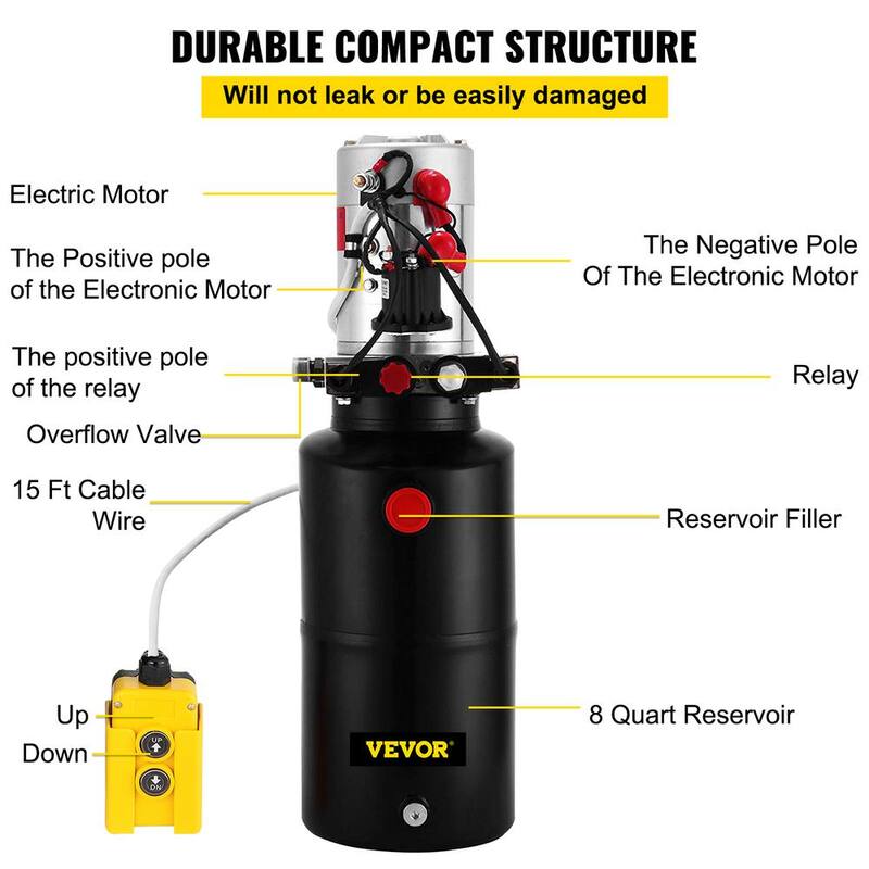 VEVOR Hydraulic Power Unit 12V DC Double Acting Hydraulic Pump 8 Quart Steel Reservoir Hydraulic Pump Unit for Dump Trailers - 8LYXSZYYYDY000001V0-0816