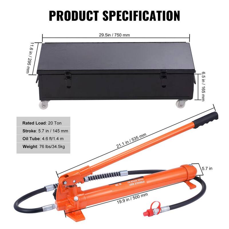 SKYSHALO 20 Ton Porta Power Kit, Portable Hydraulic Jack with 4.6 ft./1.4 m Oil Hose, Car Frame Repair Tool with Storage Case - FLDTJHSD20TPUKYSUV0-0718