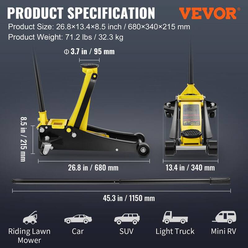VEVOR Low Profile Floor Jack 2.5 Ton Heavy Duty Steel Dual Piston Rapid Pump The wide lifting range from 3 in. to 19.49 in. - SGWSQJDTZS25TVDHJV0