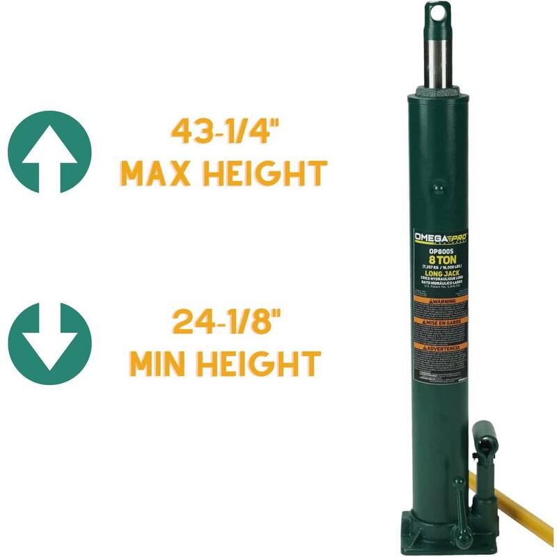 Omega Hydraulic Long Ram Jack - 8 Ton Capacity with Flat Base for Auto Garage Shop - OP800S