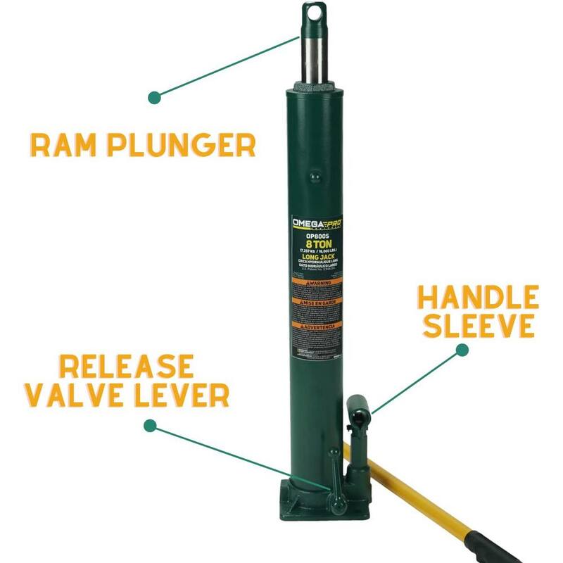 Omega Hydraulic Long Ram Jack - 8 Ton Capacity with Flat Base for Auto Garage Shop - OP800S