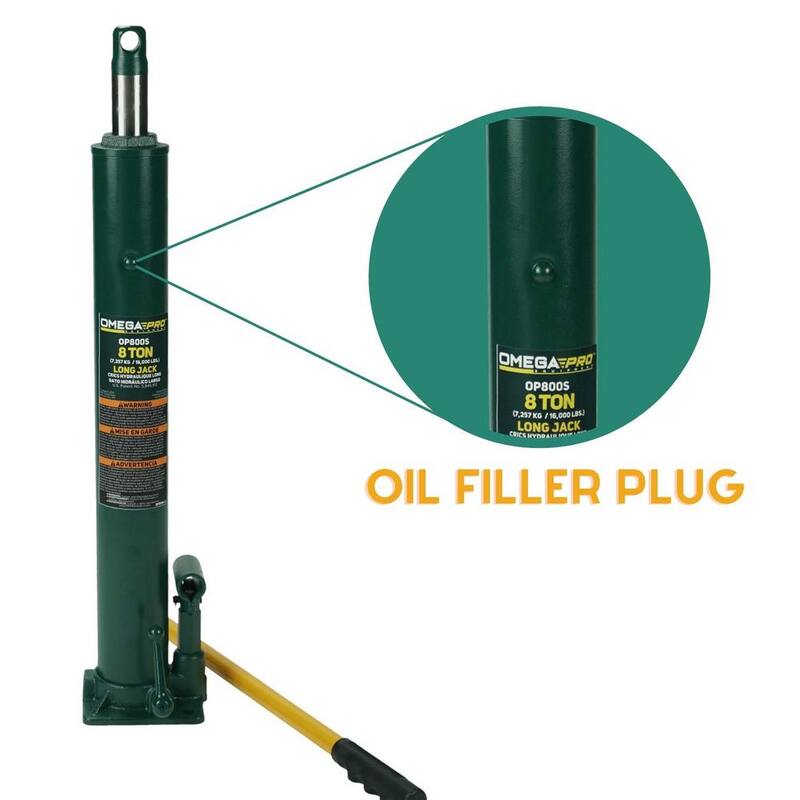 Omega Hydraulic Long Ram Jack - 8 Ton Capacity with Flat Base for Auto Garage Shop - OP800S