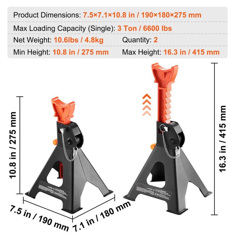 VEVOR Jack Stands, 3-Ton (6,000 lbs.) Capacity Car Jack Stands Double Locking, 10.8-16.3 in. Adjustable Height for lifting SUV - QJDZJD232VS4UUUBUV0-0802
