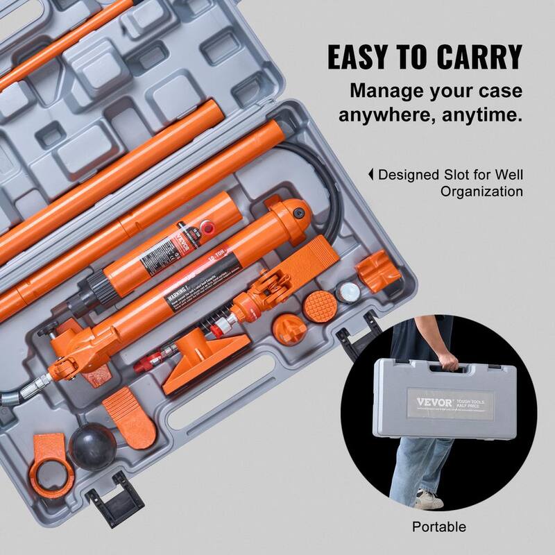VEVOR 10 Ton Porta Power Kit, Portable Hydraulic Jack with 4.6 ft. Oil Hose, Auto Body Frame Repair Kit with Storage Case - F10TPAPUNBR70YJJIV0