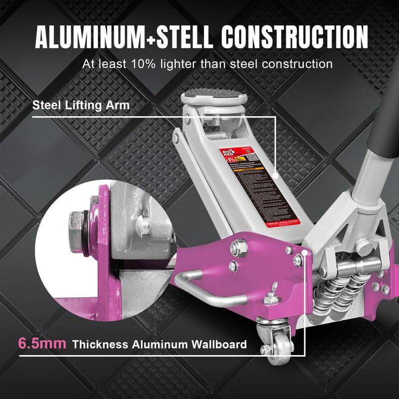 Torin Aluminum and Steel Racing Floor Jack: Quick 6-Pump Lift, 1.5-Ton (3,000 lbs.) Capacity, Pink - AT815016LP