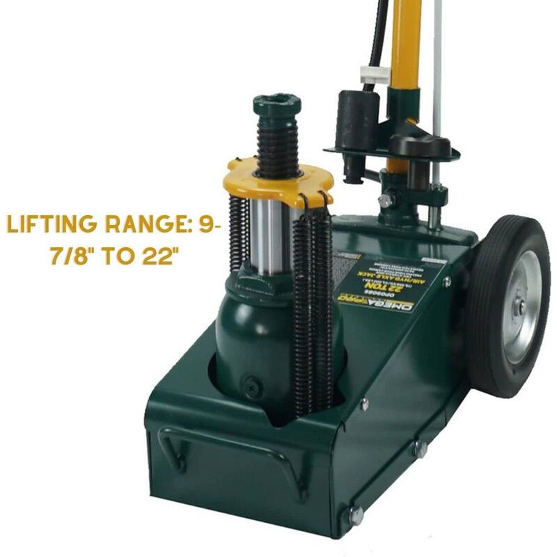 Omega Air Axle Jack - 22 Ton Hydraulic Truck Floor Jack with T-Handle Knob Position Release and Extension Adapters - OP0908S