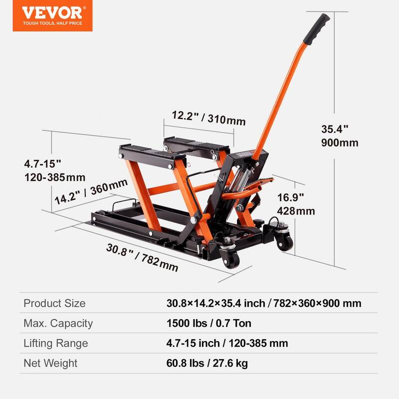 VEVOR Hydraulic Motorcycle Lift Jack 1500LBS. ATV Scissor Lift Jack with 4 Wheels Foot-Operated Hoist Stand for Motorcycle ATV - MTCSJJYYB15004IG5V0