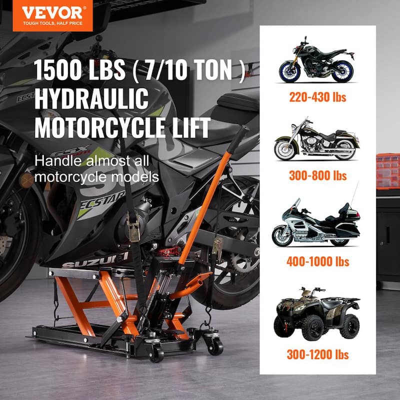VEVOR Hydraulic Motorcycle Lift Jack 1500LBS. ATV Scissor Lift Jack with 4 Wheels Foot-Operated Hoist Stand for Motorcycle ATV - MTCSJJYYB15004IG5V0