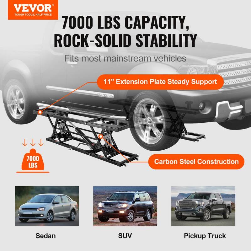 VEVOR Car Lift, 7,000 lbs. Capacity Portable Car Lift, 26.8 in. Max. Height, Carbon Steel Truck Lift with 120-Volt Power Unit - QCSJJZG7000LB9KL9V1-0729