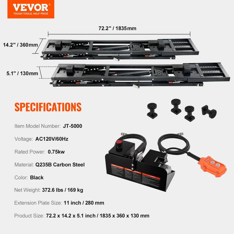 VEVOR Car Lift, 25.6 in. Max. Height, 5000 lbs. Capacity Portable Car Lift, Carbon Steel Truck Lift with 120-Volt Power - QCSJJZG5000LBZWD1V1-0729