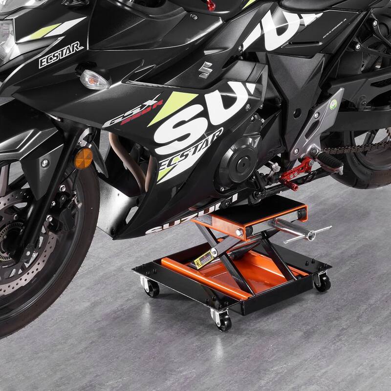 VEVOR Motorcycle Jack Lift 1100 LBS. ATV Scissor Lift with Dolly, Center Hoist Hand Crank, Deck, Tool Tray for Bike Motorcycle - MTCSJJCSB1100F505V0