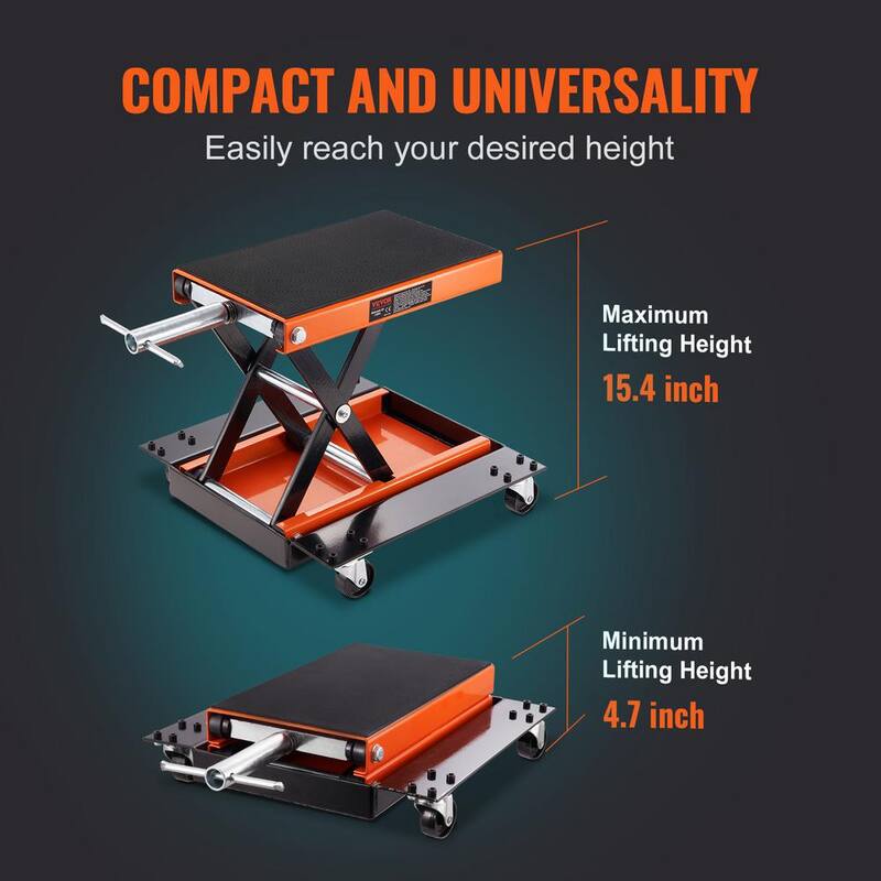 VEVOR Motorcycle Jack Lift 1100 LBS. ATV Scissor Lift with Dolly, Center Hoist Hand Crank, Deck, Tool Tray for Bike Motorcycle - MTCSJJCSB1100F505V0