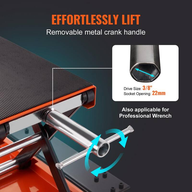 VEVOR Motorcycle Jack Lift 1100 LBS. ATV Scissor Lift with Dolly, Center Hoist Hand Crank, Deck, Tool Tray for Bike Motorcycle - MTCSJJCSB1100F505V0
