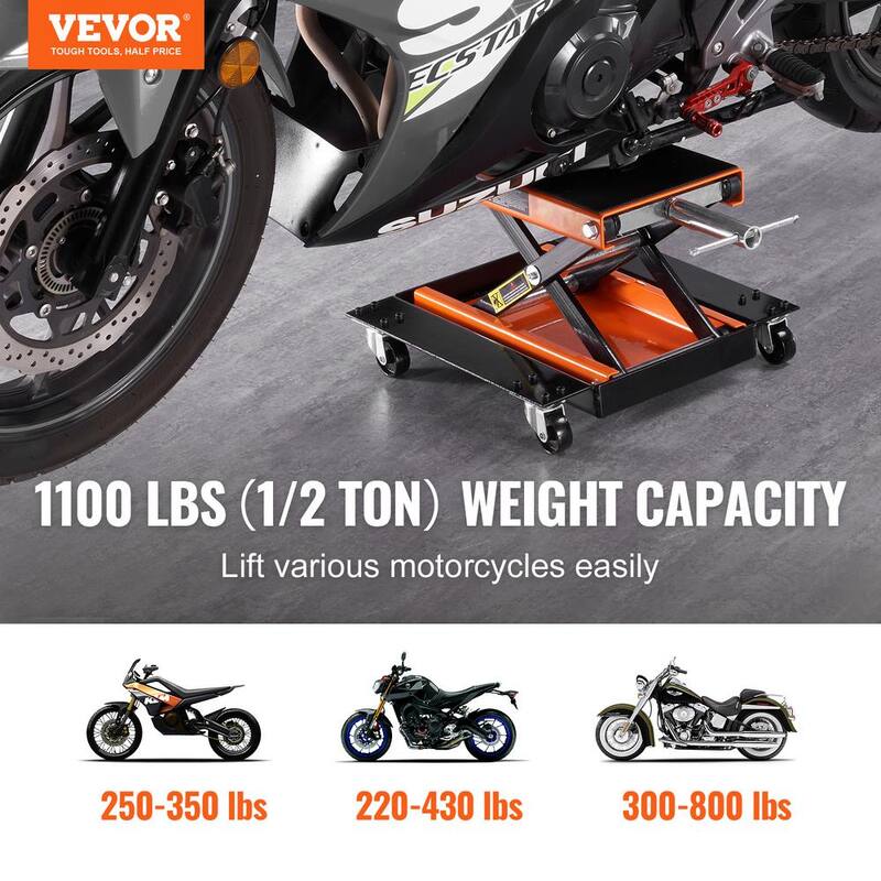 VEVOR Motorcycle Jack Lift 1100 LBS. ATV Scissor Lift with Dolly, Center Hoist Hand Crank, Deck, Tool Tray for Bike Motorcycle - MTCSJJCSB1100F505V0