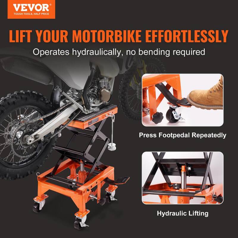 VEVOR Hydraulic Motorcycle Lift Table, 350 lbs. Capacity Motorcycle Scissor Jack Lift, 4 Wheels, Foot-Operated Jack Stand - MTCSJJYYBF350G0E1V0-0729