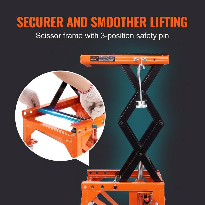 VEVOR Hydraulic Motorcycle Lift Table, 350 lbs. Capacity Motorcycle Scissor Jack Lift, 4 Wheels, Foot-Operated Jack Stand - MTCSJJYYBF350G0E1V0-0729