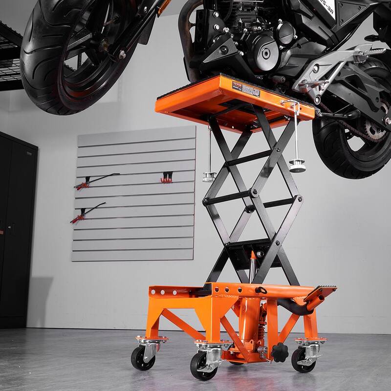 VEVOR Hydraulic Motorcycle Lift Table, 350 lbs. Capacity Motorcycle Scissor Jack Lift, 4 Wheels, Foot-Operated Jack Stand - MTCSJJYYBF350G0E1V0-0729