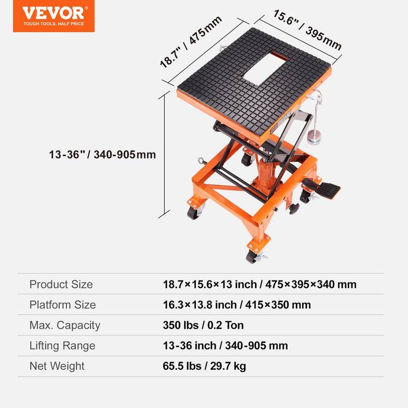 VEVOR Hydraulic Motorcycle Lift Table, 350 lbs. Capacity Motorcycle Scissor Jack Lift, 4 Wheels, Foot-Operated Jack Stand - MTCSJJYYBF350G0E1V0-0729
