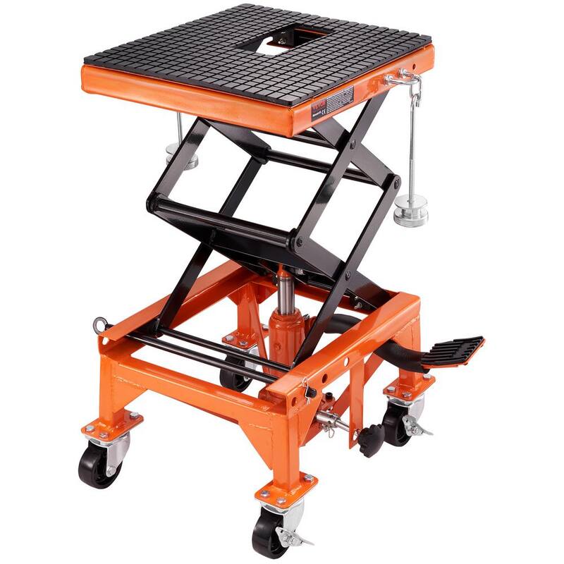 VEVOR Hydraulic Motorcycle Lift Table, 350 lbs. Capacity Motorcycle Scissor Jack Lift, 4 Wheels, Foot-Operated Jack Stand - MTCSJJYYBF350G0E1V0-0729