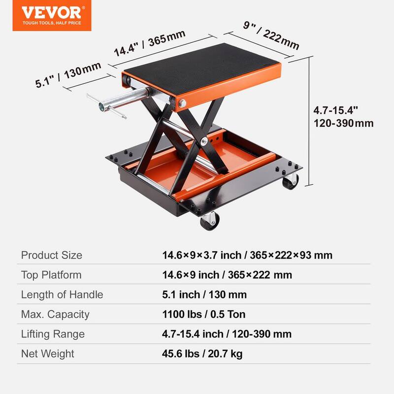 VEVOR Motorcycle Lift, 1100 lbs. Motorcycle Lift ATV Scissor Lift Jack with Dolly & Hand Crank, Center Hoist Crank Stand - MTCSJJCSB1100F505V0-0920