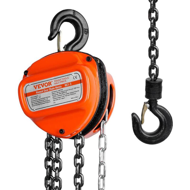 VEVOR Manual Chain Hoist 1-Ton 2200 lbs. Capacity Hand Chain Hoist 10 ft. with Double-Pawl Brake for Garage, Factory, Dock - SJXSLHL1T10FTHEG5V0