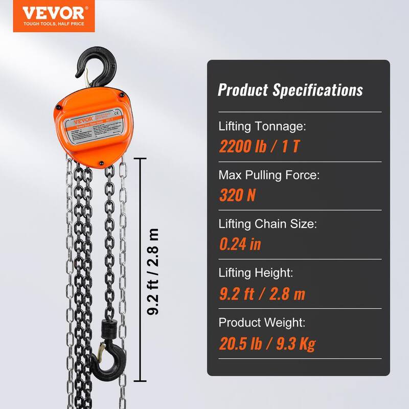 VEVOR Manual Chain Hoist 1-Ton 2200 lbs. Capacity Hand Chain Hoist 10 ft. with Double-Pawl Brake for Garage, Factory, Dock - SJXSLHL1T10FTHEG5V0