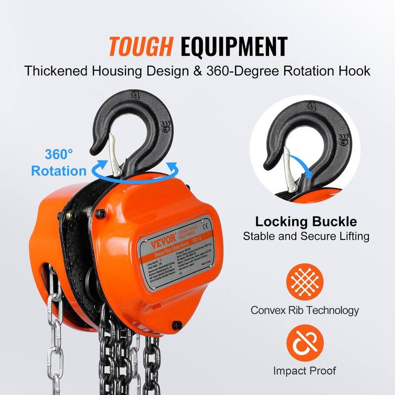 VEVOR Manual Chain Hoist 1-Ton 2200 lbs. Capacity Hand Chain Hoist 10 ft. with Double-Pawl Brake for Garage, Factory, Dock - SJXSLHL1T10FTHEG5V0