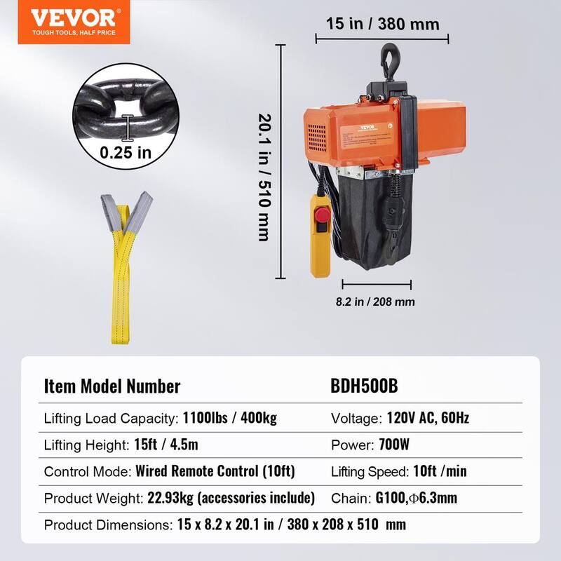 VEVOR Electric Chain Hoist 1100 lbs. Single Phase Overhead Crane 15 ft. Lifting Height 10 ft./min Speed for Garage, Shop - DDHLHLDXDDLCSN1NYV5