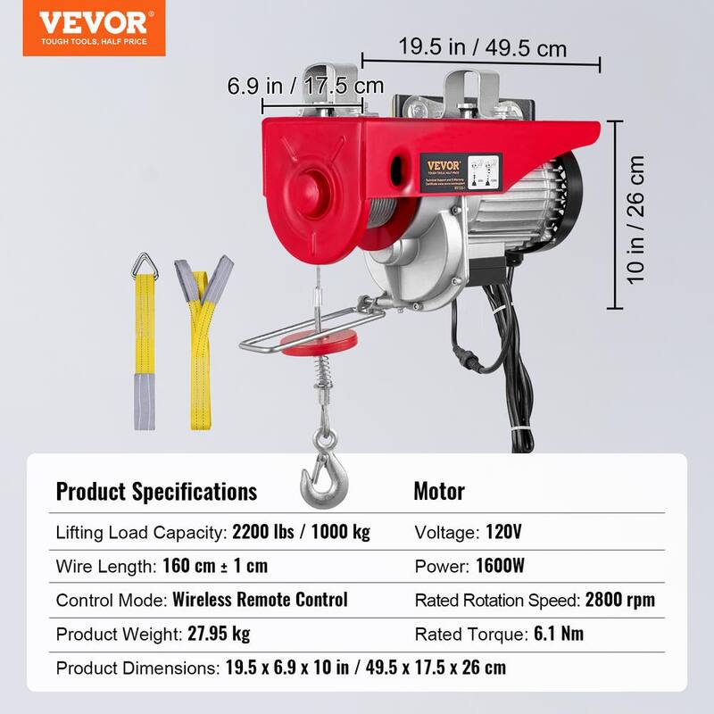 VEVOR 2200 lbs. Electric Chain Hoist 1600W 110V Electric Steel Wire Winch with Wireless Remote Control for Garage, Warehouse - DD2200LBS52FTOT3RV1