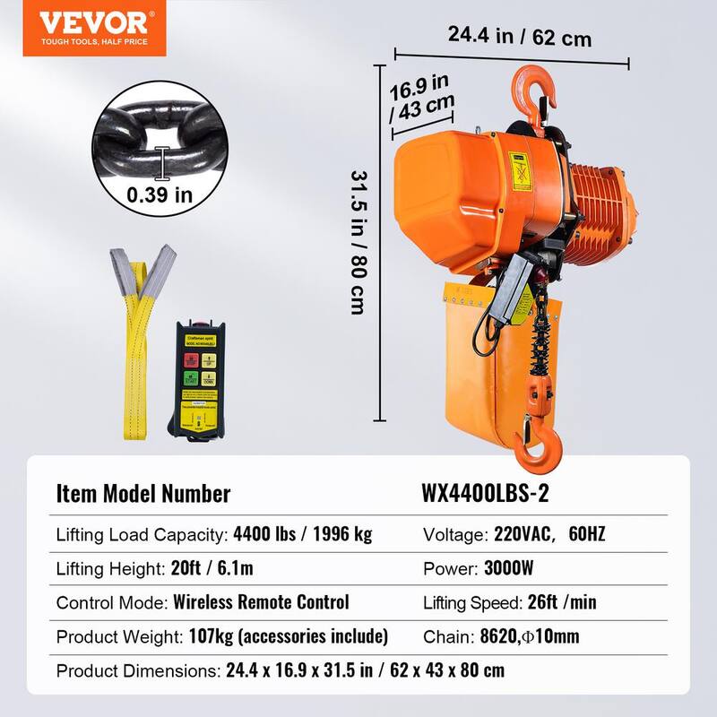 VEVOR Electric Chain Hoist 4400 lbs. 20 ft. Lifting Height 3 Phase Overhead Crane with Wireless Remote Control (2-Ton, 220 V) - DDHLHLSXDDLCS5G71V5