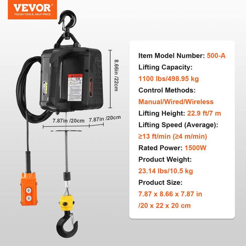 VEVOR 3-in. -1 Electric Hoist Winch, 1,100 lbs. 1,500W Portable Power Winch Crane, 110V/120V 22.9 ft. Lifting Height - BXSDDHL1100BE27PCV1-802