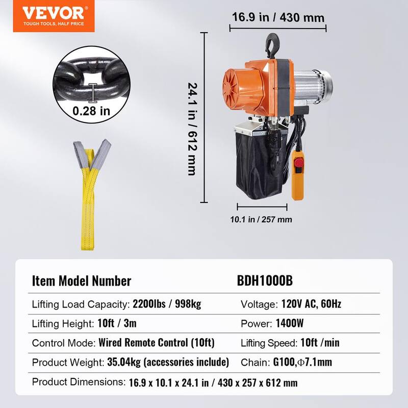VEVOR Electric Chain Hoist 2,200 lbs. Single Phase Overhead Crane 10 ft. Lifting Height and 10 ft. Wired Remote Control(1-Ton) - DDHLHLDXDDLCSBBYAV5