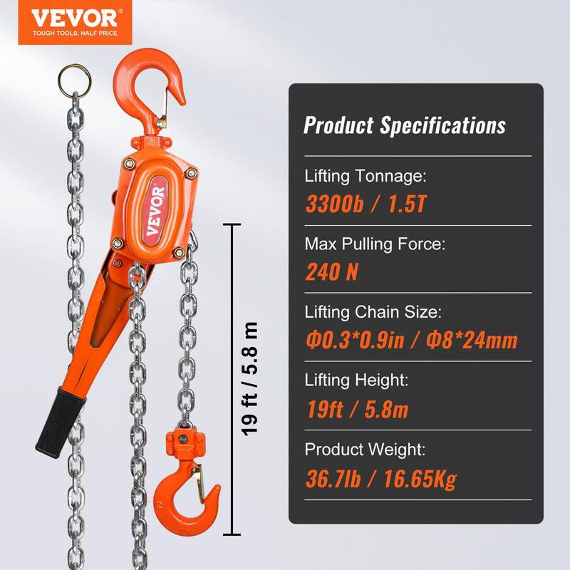 VEVOR 1-1/2 Ton Manual Lever Chain Hoist 20 ft. Lever Hoist with Weston Double-Pawl Brake for Garage, Factory, Dock - CGSBH112T20FTZ1XBV0