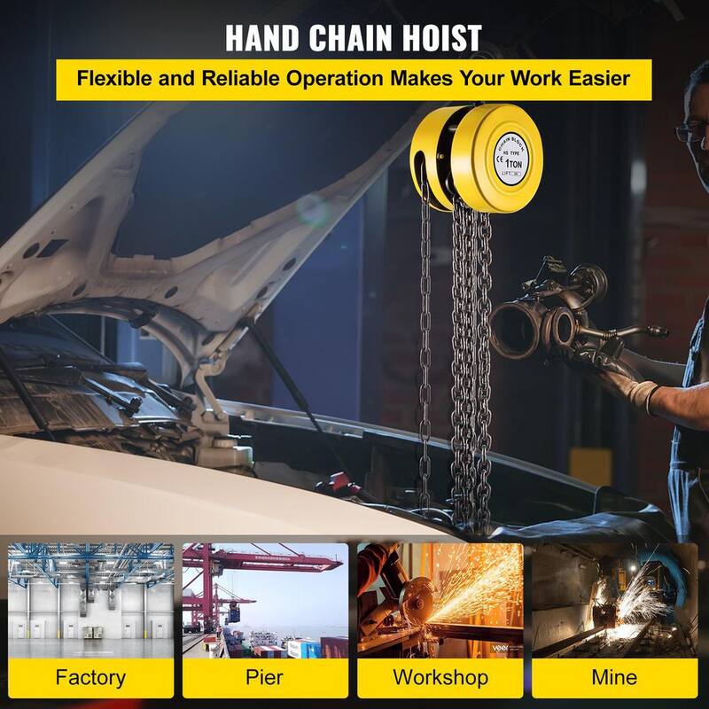 VEVOR 1-Ton Manual Hoist 20 ft. Hand Chain Hoist 2200 lbs. Cap Chain Block for Lifting Goods in Transport and Workshop, Yellow - SLHLHSYX1T6M4OTJCV0