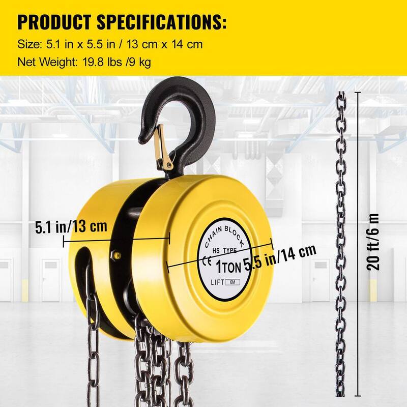 VEVOR 1-Ton Manual Hoist 20 ft. Hand Chain Hoist 2200 lbs. Cap Chain Block for Lifting Goods in Transport and Workshop, Yellow - SLHLHSYX1T6M4OTJCV0