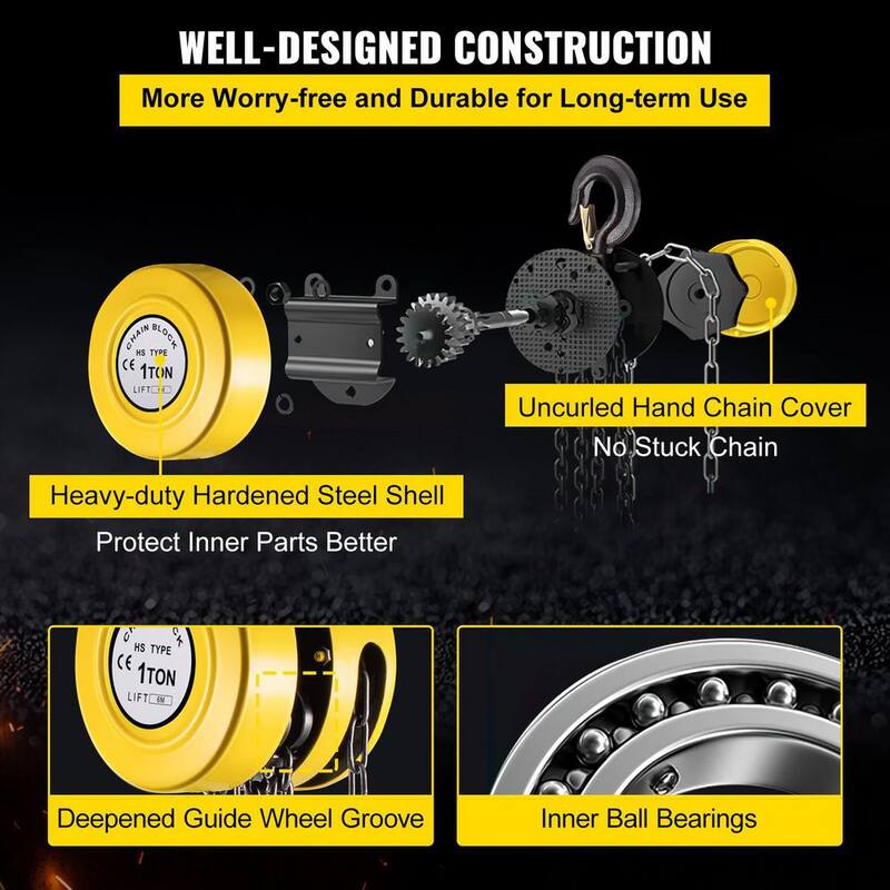 VEVOR 1-Ton Manual Hoist 20 ft. Hand Chain Hoist 2200 lbs. Cap Chain Block for Lifting Goods in Transport and Workshop, Yellow - SLHLHSYX1T6M4OTJCV0