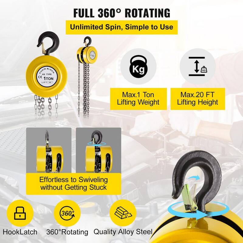 VEVOR 1-Ton Manual Hoist 20 ft. Hand Chain Hoist 2200 lbs. Cap Chain Block for Lifting Goods in Transport and Workshop, Yellow - SLHLHSYX1T6M4OTJCV0