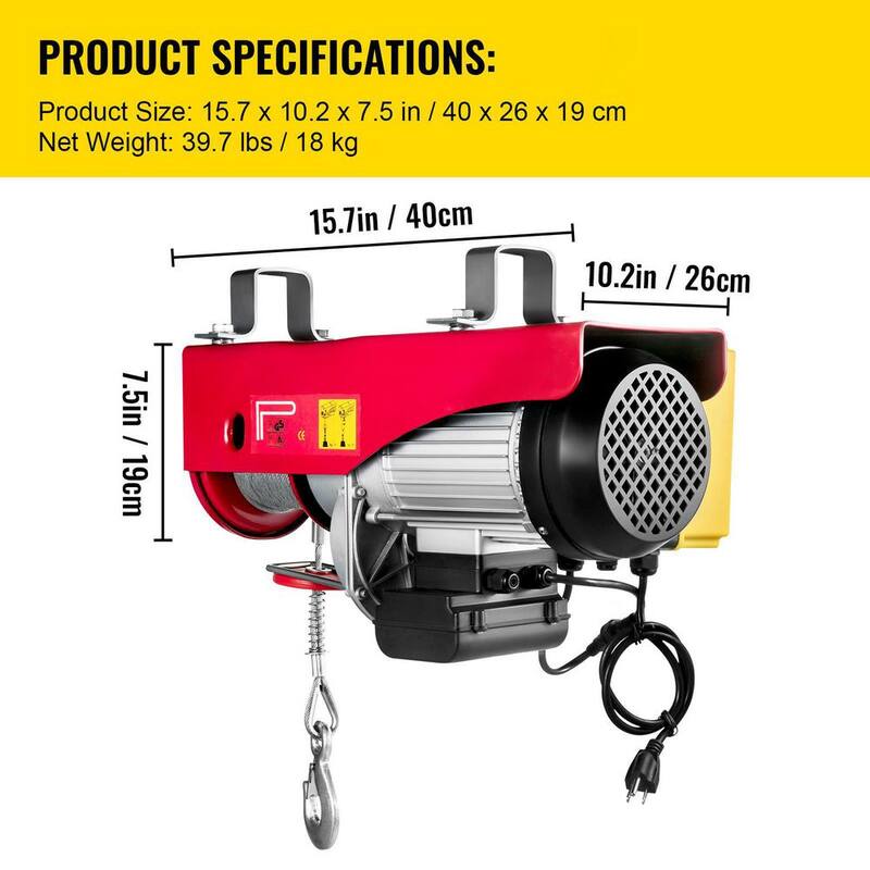 VEVOR Electric Hoist 1800 lbs. Steel Electric Winch Lift 110-Volt With Wireless Remote Control For Lifting in Factories - DDHLWXYK1800B0001V1