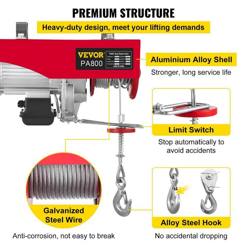VEVOR Electric Hoist 1800 lbs. Steel Electric Winch Lift 110-Volt With Wireless Remote Control For Lifting in Factories - DDHLWXYK1800B0001V1