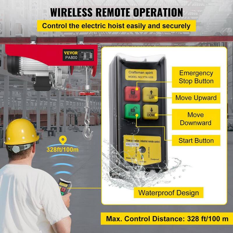 VEVOR Electric Hoist 1800 lbs. Steel Electric Winch Lift 110-Volt With Wireless Remote Control For Lifting in Factories - DDHLWXYK1800B0001V1