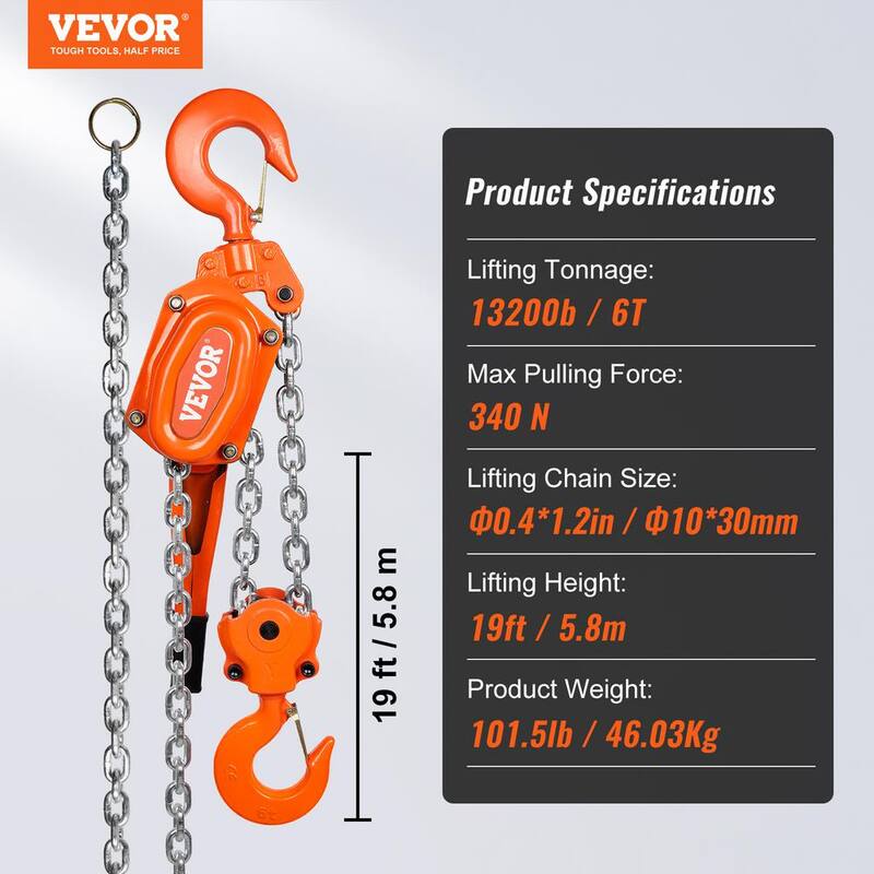 VEVOR 6-Ton Manual Lever Chain Hoist 13,200 lbs. Capacity Lever Hoist 20 FT Come Along G80 Galvanized Carbon Steel for Garage - CGSBHLH6T20FTG596V0