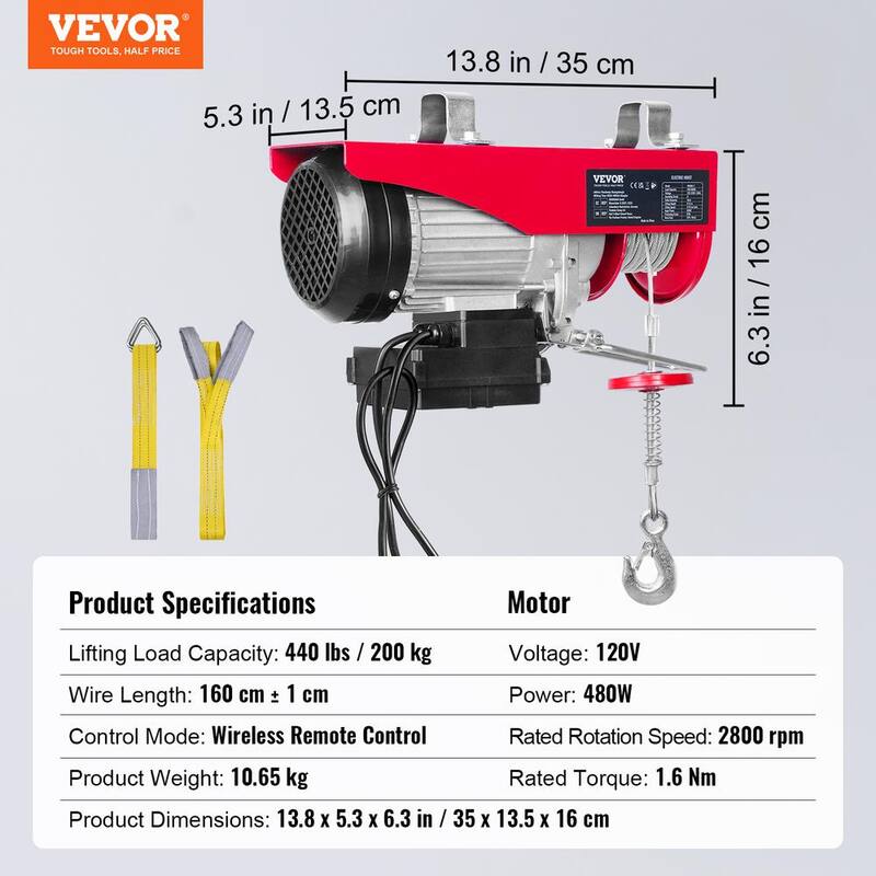 VEVOR 440 lbs. Electric Chain Hoist with Wireless Remote Control 480W 110V Electric Cable Hoist with 40 ft. Lifting Height - DDG440LBS52FTRRNJV1