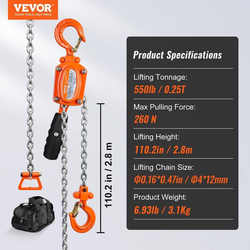 VEVOR 1/4 Ton Manual Lever Chain Hoist 10 ft. Long Chain Hoist with 360° Rotation Hook for Garage, Factory, Dock - MNSBHL14T10FTNX4BV0