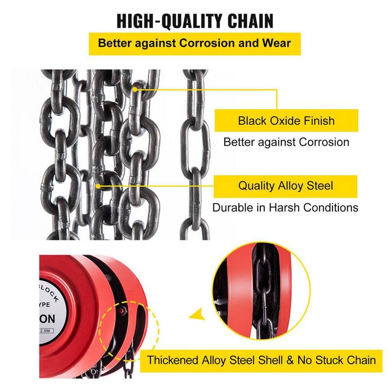 VEVOR 1-Ton Capacity Hand Chain Hoist 8 ft. Lift Manual Chain Hoist for Lifting Goods in Transport, Construction Sites, Red - SLHLHSY1T2.5MNZNEV0
