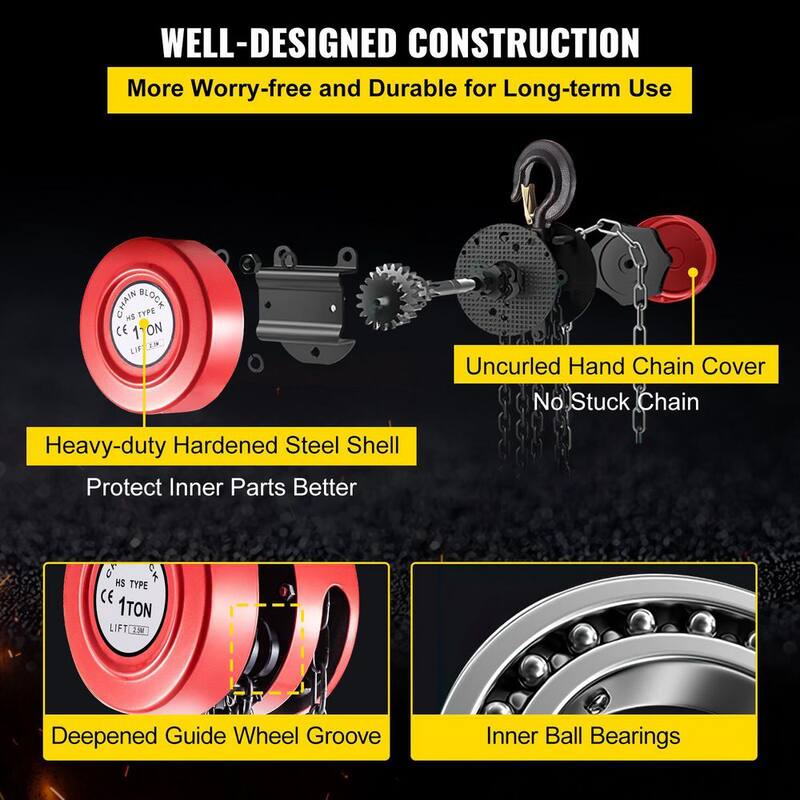 VEVOR 1-Ton Capacity Hand Chain Hoist 8 ft. Lift Manual Chain Hoist for Lifting Goods in Transport, Construction Sites, Red - SLHLHSY1T2.5MNZNEV0