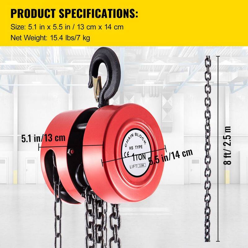 VEVOR 1-Ton Capacity Hand Chain Hoist 8 ft. Lift Manual Chain Hoist for Lifting Goods in Transport, Construction Sites, Red - SLHLHSY1T2.5MNZNEV0
