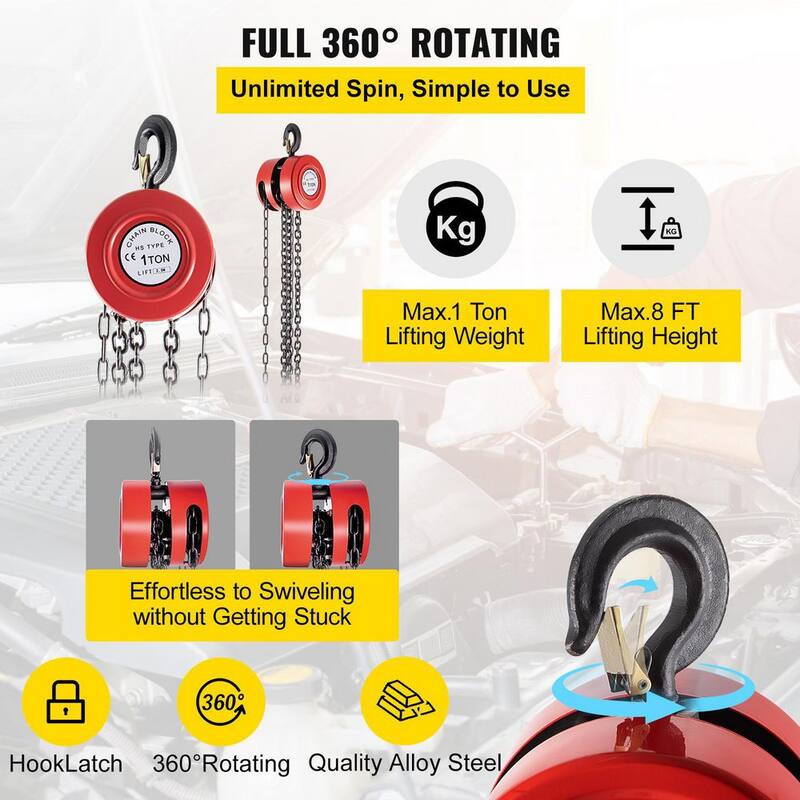VEVOR 1-Ton Capacity Hand Chain Hoist 8 ft. Lift Manual Chain Hoist for Lifting Goods in Transport, Construction Sites, Red - SLHLHSY1T2.5MNZNEV0