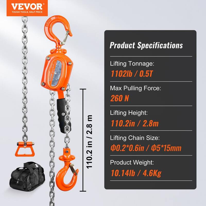 VEVOR 1/2 Ton Manual Lever Chain Hoist 10 ft. Chain Hoist with Weston Double-Pawl Brake for Garage and Factory - MNSBHL12T10FTJ83GV0
