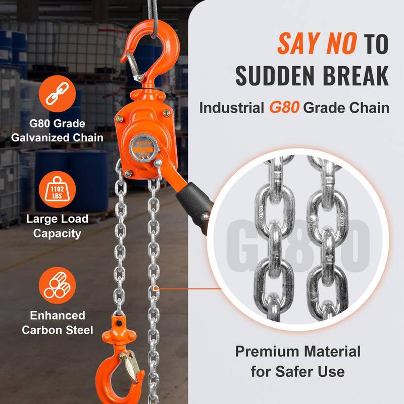 VEVOR 1/2 Ton Manual Lever Chain Hoist 10 ft. Chain Hoist with Weston Double-Pawl Brake for Garage and Factory - MNSBHL12T10FTJ83GV0