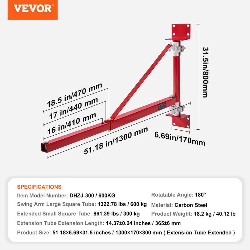 VEVOR Electric Hoist Support Arm 1320 lbs. Max Load Capacity 180° Swivel Scaffold Winch Hoist Arm with Pole for Workshop - HLZJTZ200100C8VC9V0